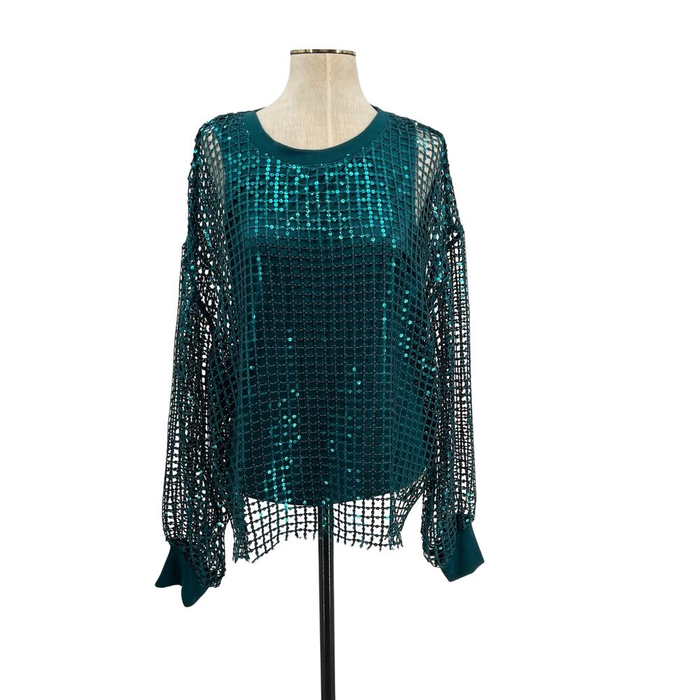 Anthropologie Pilcro Sequin‎ Mesh Shine Top Teal Blue Long Sleeve XL Party